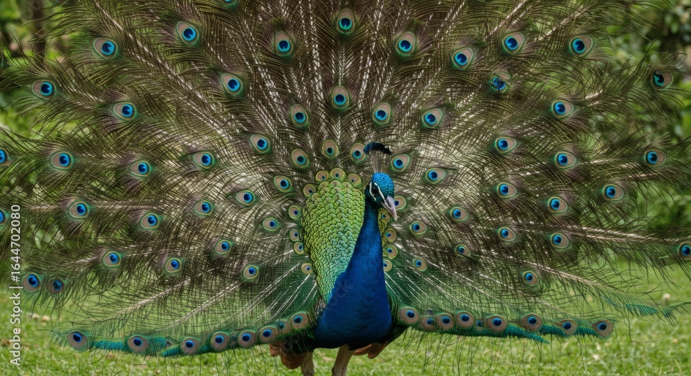 Fototapeta premium The majestic peacock in full display pose displays the beauty of its fully expanded tail, which is colorful and shimmering spread out in a radial pattern.