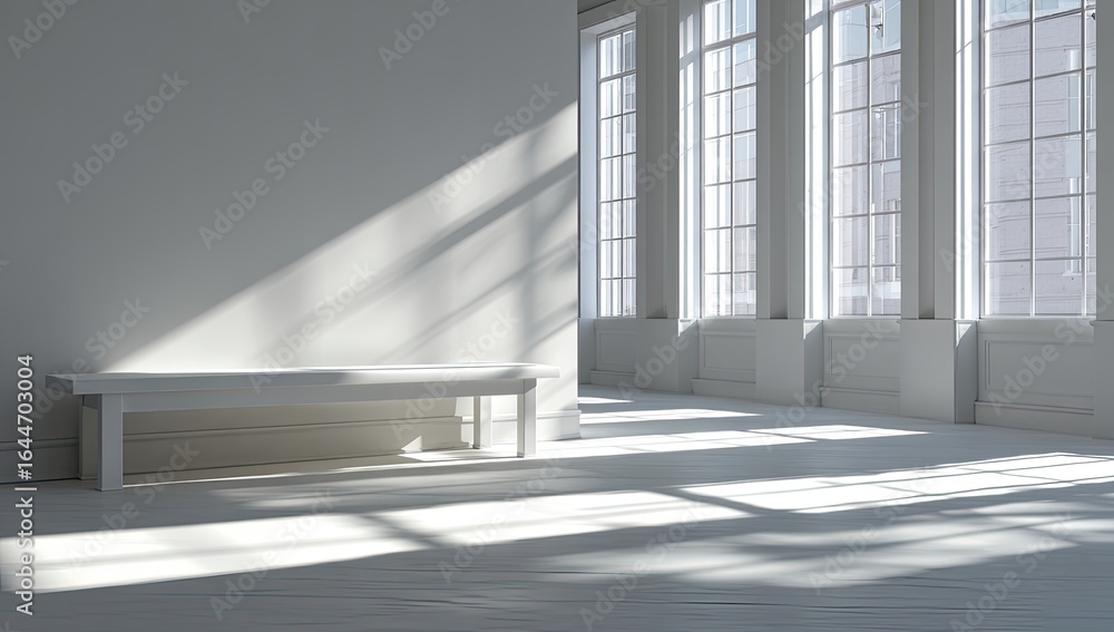Fototapeta premium Sunlit minimalist room with a simple bench, tall windows, and white walls, showcasing bright natural light and shadows