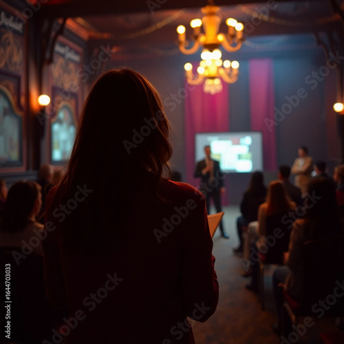 Mujer parada en el centro de un pasillo de un teatro toma nota sobre el discurso que da su interlocutor en el escenario