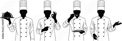 Professional chefs, in uniform, culinary gestures, cooking skills, chef hat, gourmet presentation, kitchen staff, food art, restaurant illustration, cuisine