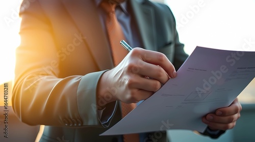 Warm golden hour light bathes a businessman ticking a document in vibrant, complementary colors. Soft light, contrasting colors, and balanced tones depict project acceptance and quality assurance