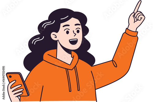 Cartoon Woman in Orange Hoodie Pointing Up While Holding Phone Smiling Illustration