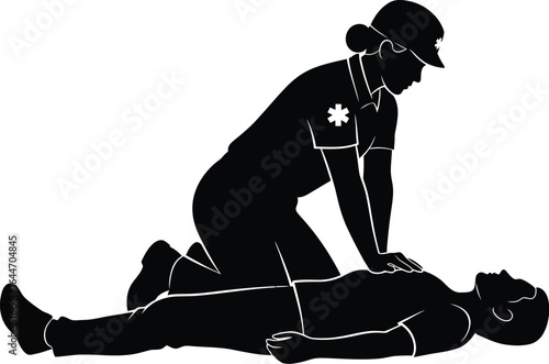 Silhouette of a nurse performing cpr a patient lying floor, demonstrating cardiopulmonary resuscitation technique