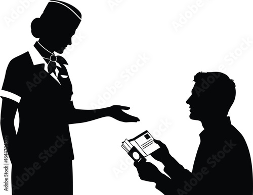 Silhouette illustration of a flight attendant checking a passengers passport