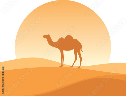 Camel in Desert at Sunset – Arabian Landscape Vector Illustration