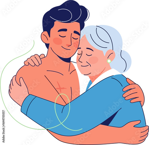 Heartwarming embrace between a young man and elderly woman showcasing love and connection in a
