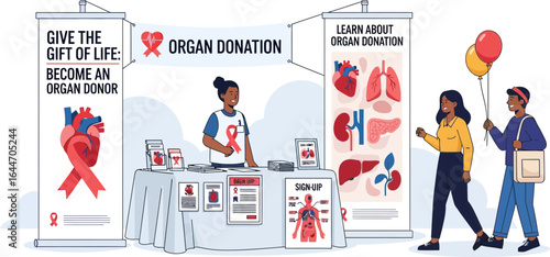health awareness campaign promoting organ donation with informational banners and engaged visitors
