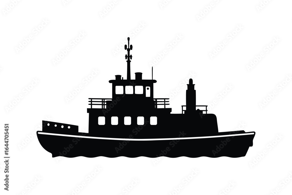 Obraz premium Silhouette art illuatration of a tugboat pushing a barge.eps
