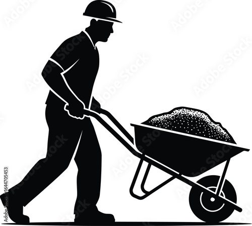 Silhouette of a construction worker pushing a wheelbarrow, he is working hard a building site, representing labor and industry