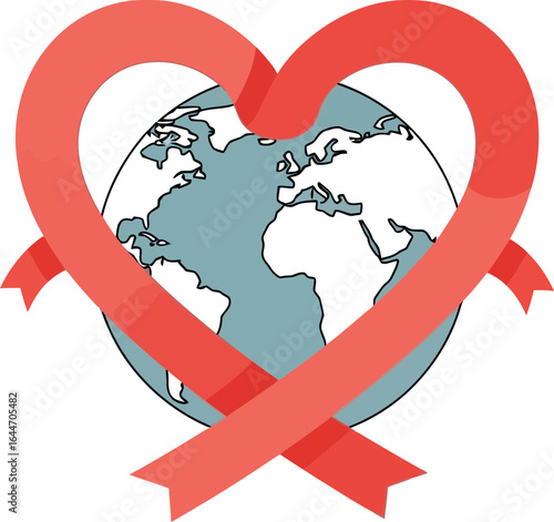 Global Unity Symbolized by Heart-Shaped Ribbon Embracing Earth for World Peace and Connection
