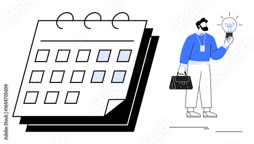 Man holding lightbulb representing innovation standing beside calendar with highlighted dates. Ideal for scheduling, time management, creativity, planning, productivity, brainstorming, goal tracking