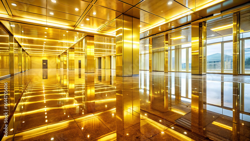Fototapeta Naklejka Na Ścianę i Meble -  Reflective Golden Floor Installation In Modern Building Interior