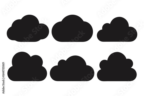 Collection of Six Black Cloud Icons or Cliparts in Silhouette Style