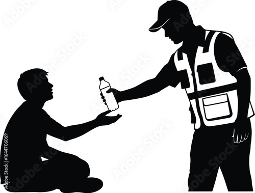 Volunteer offering water bottle to a homeless person, showing compassion, charity, and support for those in need, providing assistance and care