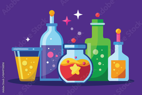 Colorful Cartoon Potions Bottles, Jars, and Beaker on Purple Background with Stars and Bubbles