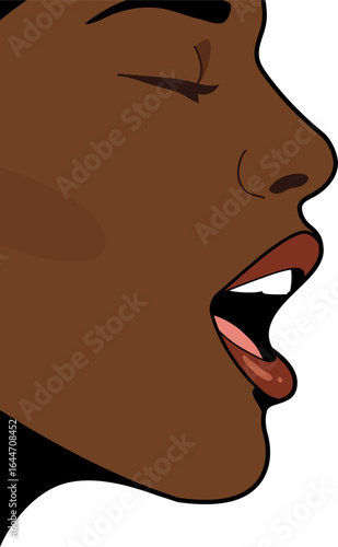 Profile of an african american woman speaking or singing, with her mouth open and eyes closed, for communication or music concept.