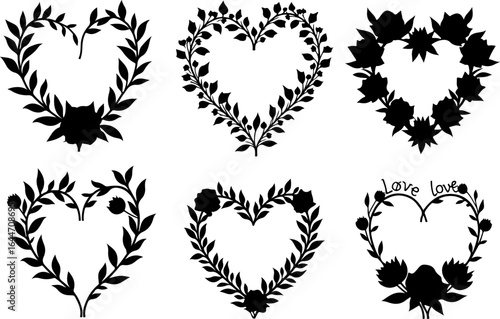 Floral Heart Wreaths & Love Banner Line Art Set" vector bundle