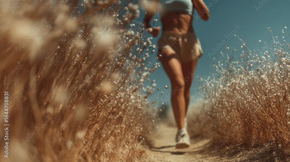 Fototapeta premium A runner jogs along a sunlit path, surrounded by golden grasses, capturing the essence of an active, outdoor lifestyle.