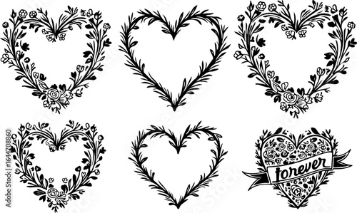 Floral Heart Wreaths & Love Banner Line Art Set" vector bundle