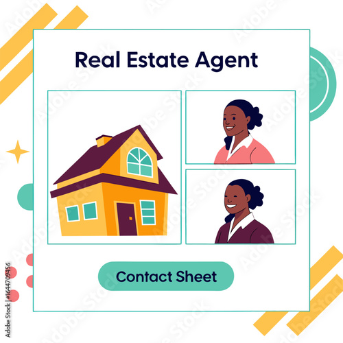 Real estate agent contact sheet featuring a stylized house and two professional women with a modern geometric design