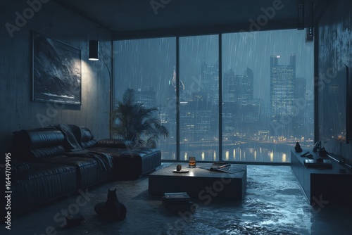 Rainy Night View From Modern Living Room