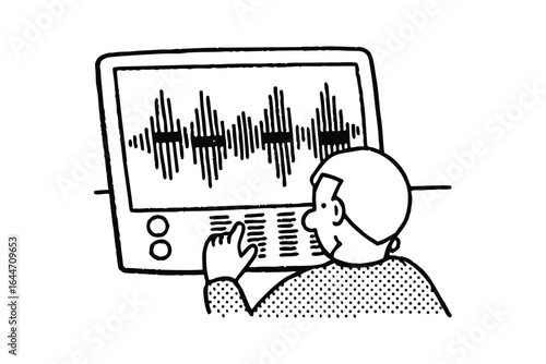 Person wearing headphones working on a laptop with audio waveform displayed