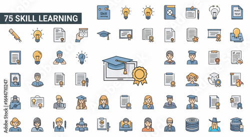 Collection of flat design icons representing various aspects of skill learning and education.