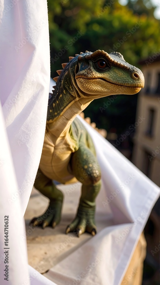 Fototapeta premium A realistic dinosaur figurine peeks from behind a white cloth, set against a blurred backdrop of buildings and nature