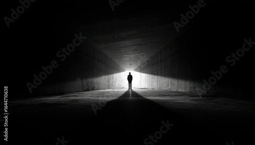 A solitary figure stands silhouetted in a dark, concrete tunnel, illuminated by a bright light at the far end, casting a long shadow