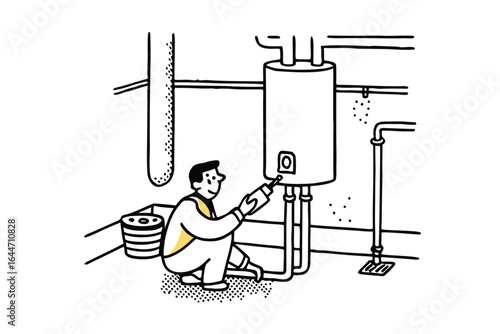 Plumber working on a water heater in a bathroom with a bathtub
