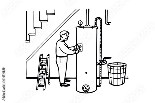 Plumber inspecting water heater system with tools and equipment
