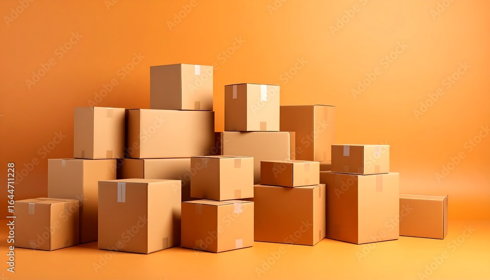 Stack of cardboard boxes for delivery or moving on orange background concept Stack of cardboard boxes for delivery or moving on orange background concept