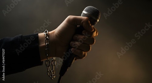 Hand in Chains Holding Microphone: Freedom of Speech Concept