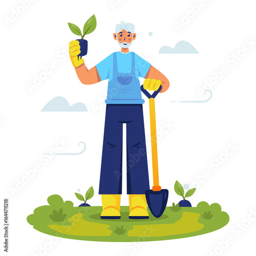 Male tree planter character with shovel and plant seeds vector illustration