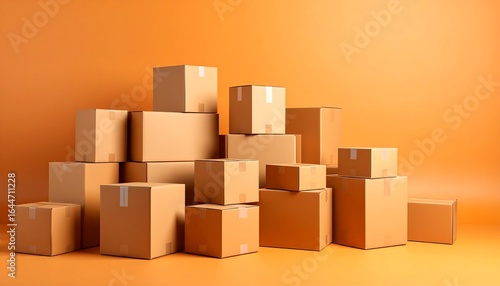 Stack of cardboard boxes for delivery or moving on orange background concept