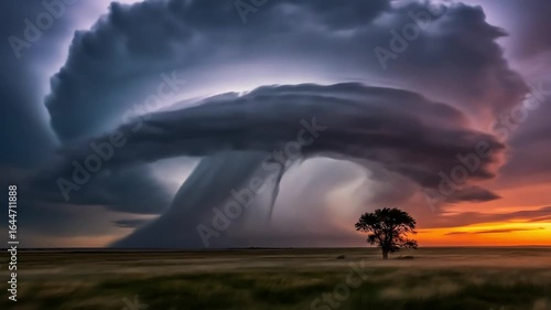 A massive dramatic supercell thunderstorm dominates a prairie landscape at sunset