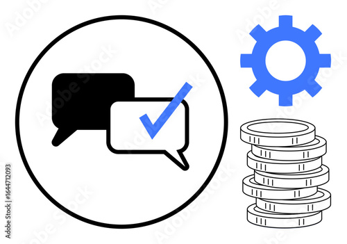 Speech bubbles with checkmark for communication, gear for technology, and coins for finance. Ideal for teamwork, workflow, business solutions, Financial Tech, productivity, strategy simple flat