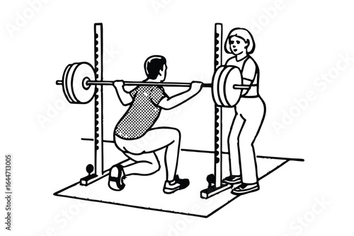 Woman performing a squat with a barbell assisted by a trainer