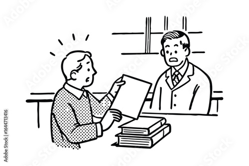 Lawyer and client discussing legal matters with documents and court symbols
