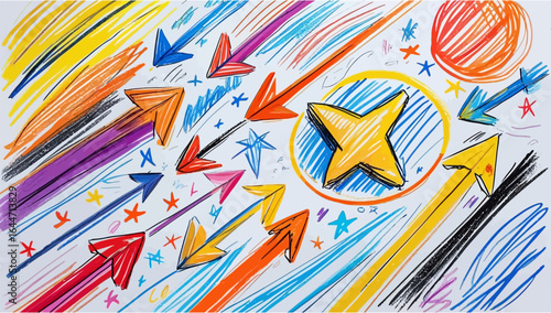 Hand-drawn arrows, circles, and stars created with felt-tip pen and chalk, perfect for sketch-style design elements