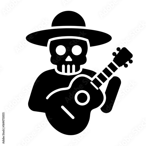 Skeleton guitar player icon for Dia de los Muertos festival celebration
