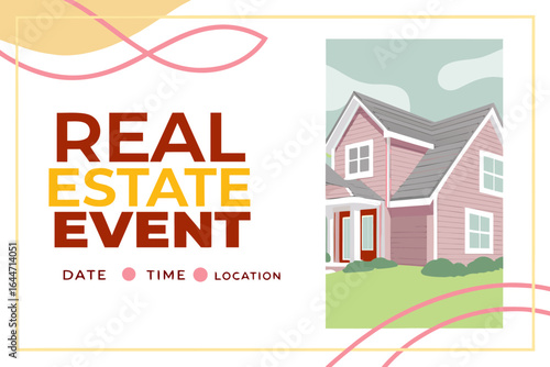 Real estate event invitation with house illustration and decorative elements