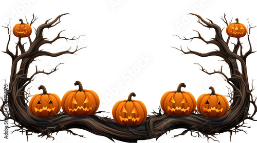 Spooky Halloween pumpkins with glowing faces perched on gnarled trees create a chillingly festive autumn border, perfect for seasonal designs and themed promotions