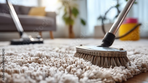 Wallpaper Mural A close-up view of cleaning tools on a carpet, highlighting a broom and vacuum in a cozy interior setting. Torontodigital.ca