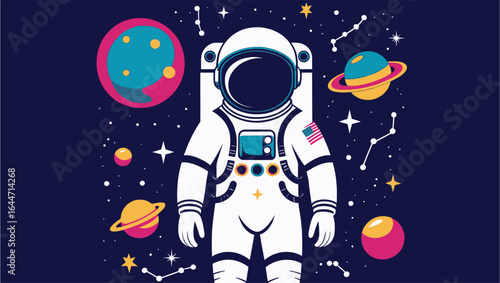 Astronaut surrounded by colorful planets, stars, and constellations in space. Perfect for spacethemed designs and educational materials.