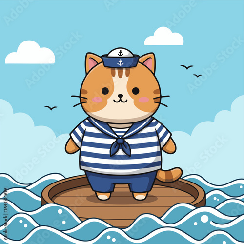 Adorable cartoon cat dressed as a sailor, standing on a wooden raft in the ocean with a bright blue sky and clouds.