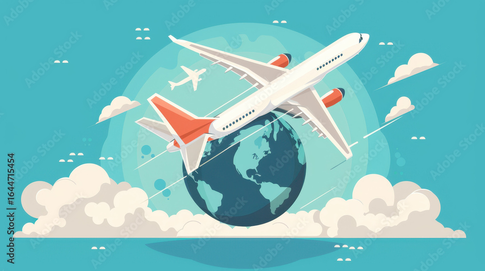 Obraz premium Modern airplane circling the earth with clouds and smaller planes in the background