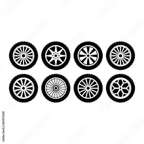 Black car wheels with various spoke designs tires rims