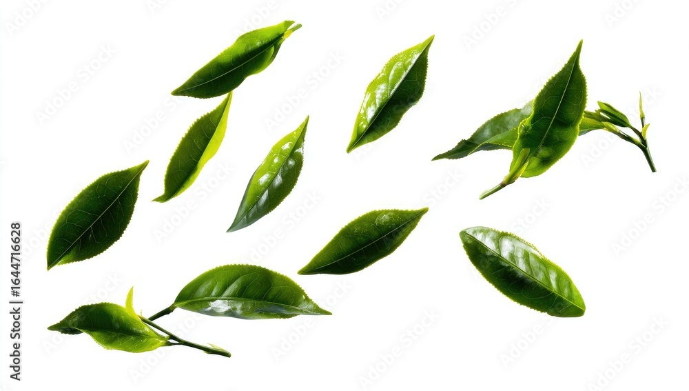 Naklejka premium Fresh green tea leaves scattered, top view