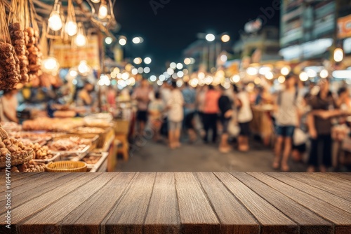 Wooden table top in a bustling night market. Blurry street scene with many people and food stalls. Warm lights